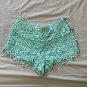 Sea foam lace crochet zip-up shorts